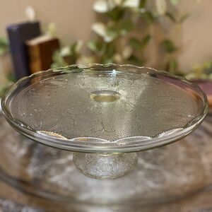 Vintage Jeannette Glass Pedestal Cake Stand Plate Harp Lyre c1950s